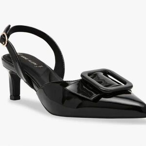 Anne Klein Black Patent Bernette Bow Kitten Heel Slingback Pump size 7.5